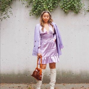 Lilac Satin Long Sleeved Dress with Peplum Hem